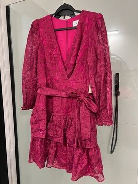 Fuchsia Lace Wrap Tiered Mini Dress